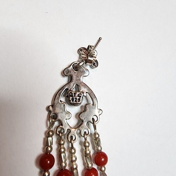 CAROLYN POLLACK Q.T. Sterling Silver Red Coral Ornate Dangle Earrings Pierced - Picture 7 of 7